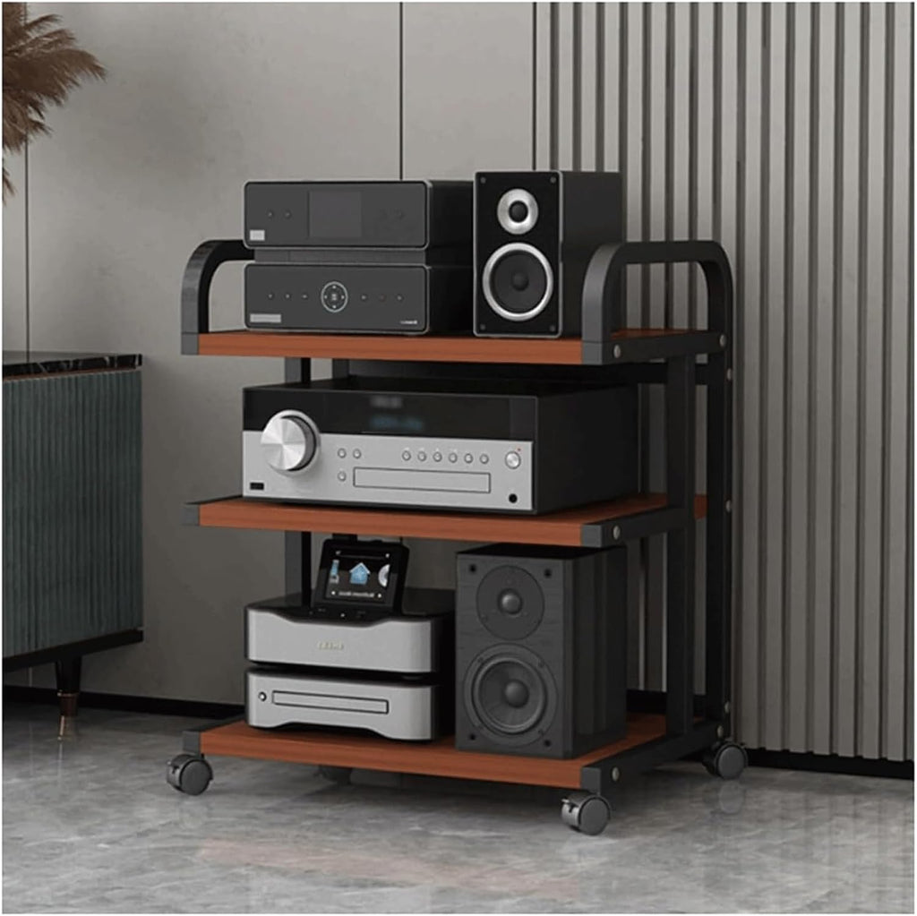 Audio Rack Movable Stereo Rack Audio Equipment Rack Audio with Wheels Stereo Shelf Wooden Open Audio-Video Shelving Waterproof(Brown,3 Tier)
