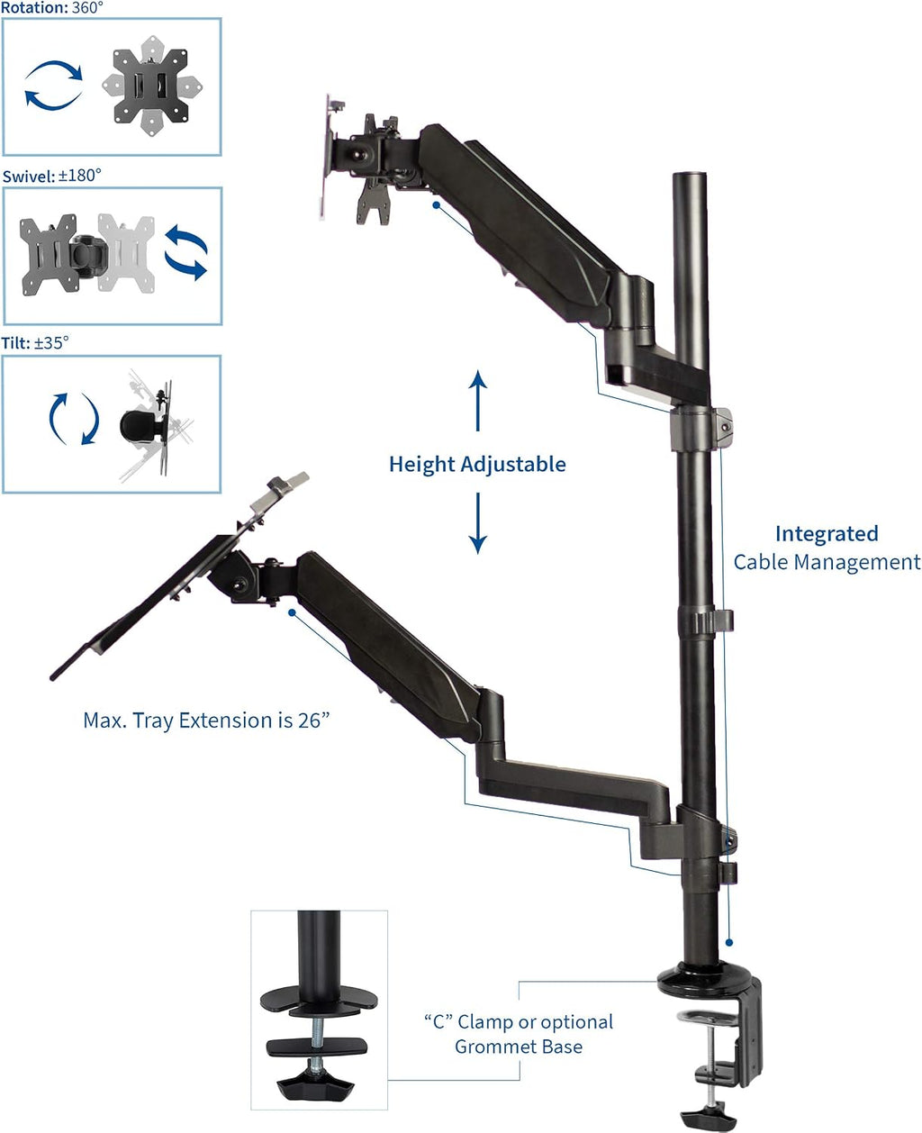 VIVO Black Dual Monitor Sit-Stand Height Adjustable Workstation, Standing Desk Mount with Pneumatic Spring, Holds 2 Screens up to 32 inches STAND-SIT2B