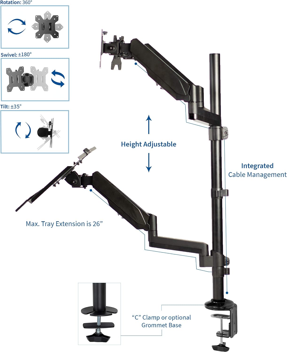 VIVO Black Dual Monitor Sit-Stand Height Adjustable Workstation, Standing Desk Mount with Pneumatic Spring, Holds 2 Screens up to 32 inches STAND-SIT2B