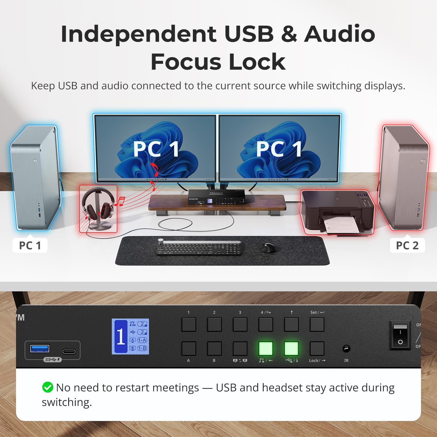 TESmart 4 Port KVM Switch Dual Monitor DisplayPort, Support 4K@60Hz USB 3.0 KVM Switch 4 Computers 2 Monitors, EDID emulators, Audio Output, Hotkey Switch, with All Input Cables