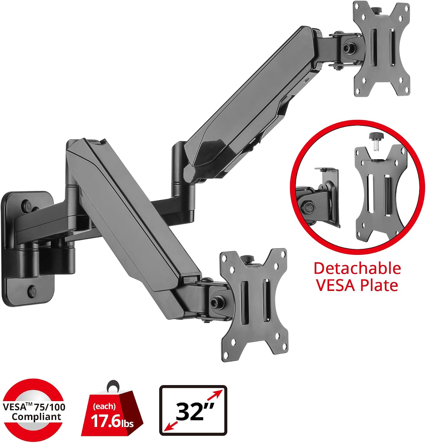 SIIG Dual Arm Monitor Wall Mount for 17' to 32' Screens, Up to 17.6lbs per Monitor, Heavy Duty Aluminum Gas Spring with Rotation, Tilt, Swivel, VESA 75x75 or 100x100 (CE-MT2M12-S1)