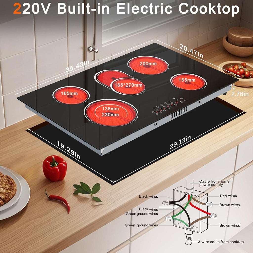5 Burner Electric Cooktop 36 Inch, Nefaracy Built-in Electric Stove Top 8400W, 36'' Ceramic Cooktop with Touch Control, BBQ Burner, Timer & Pause, Safety Lock, 220V Hard Wire