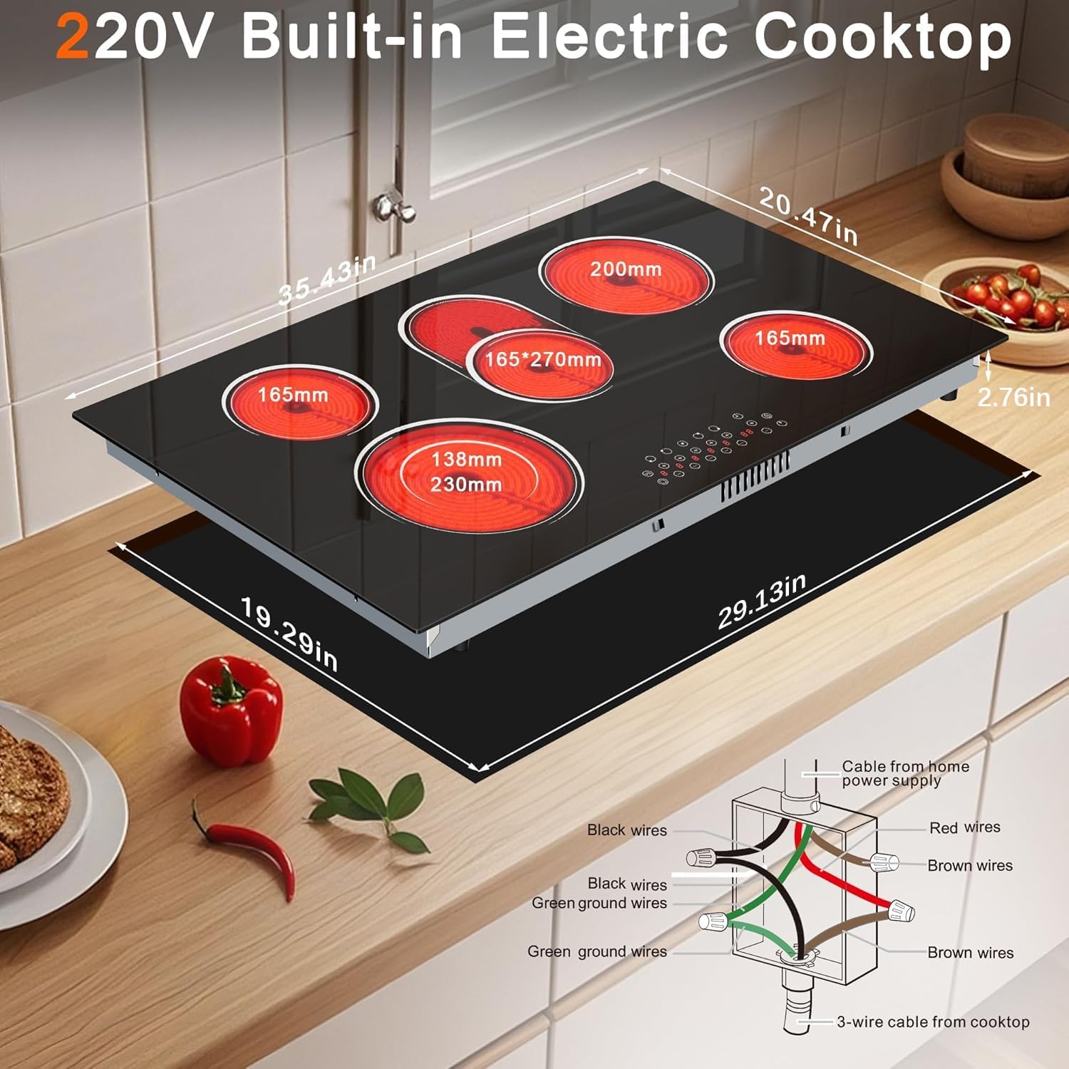5 Burner Electric Cooktop 36 Inch, Nefaracy Built-in Electric Stove Top 8400W, 36'' Ceramic Cooktop with Touch Control, BBQ Burner, Timer & Pause, Safety Lock, 220V Hard Wire