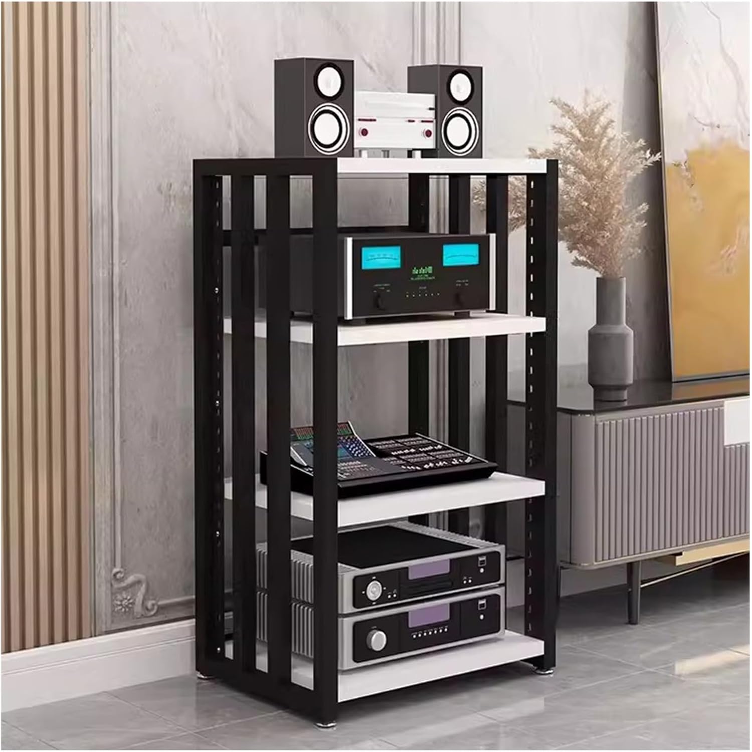 3/4/5-tier Shelves Audio Video Media Stand Cabinet, Modern Stereo Record Player Equipment Rack for Restaurant/Classroom/Bedroom/Conference Room, Height-Adjustable Shelf, Vertical Floor(4 Tier White Bo