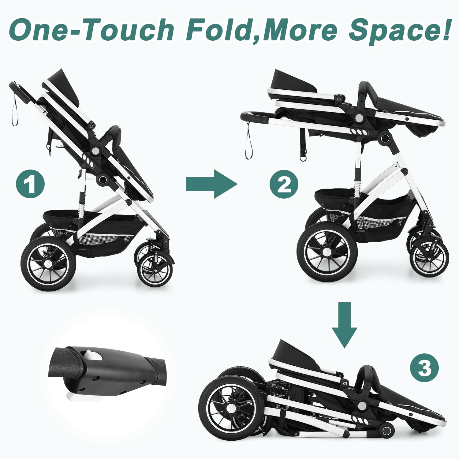 EROMMY 6-in-1 Baby Stroller with Bassinet, Convertible Infant Stroller with Adjustable Backrest & Canopy, Foldable Pushchair with Reversible Seat and Cover for Newborn 0-36 Months (Black)