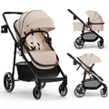 INFANS 2 in 1 Baby Stroller, High Landscape Infant Stroller & Reversible Bassinet Pram, Foldable Pushchair with Adjustable Canopy, Cup Holder, Storage Basket, Suspension Wheels (Khaki)