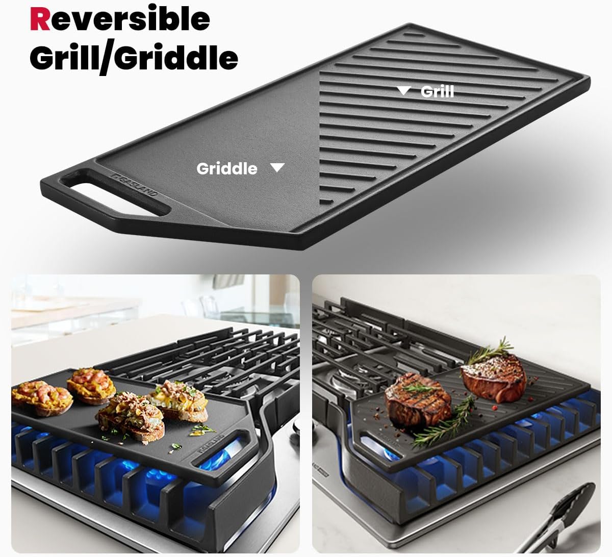 GASLAND Master 30 Inch Heavy Duty Gas Cooktop with Griddle PRO GH3805SS1FC with 5 Burners, CSA certified, 120V Plug-in, NG/LPG Convertible