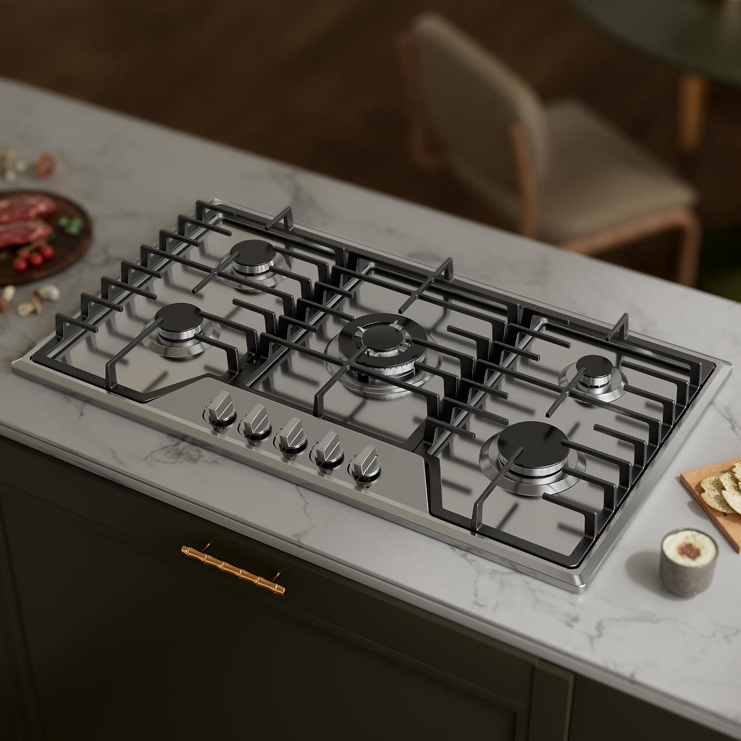 36 Inch Gas Cooktop Stainless Steel with 5 Sealed Burners, Drop-in Stovetop with Cast Iron Grates, NG/LPG Convertible, 38000 BTU