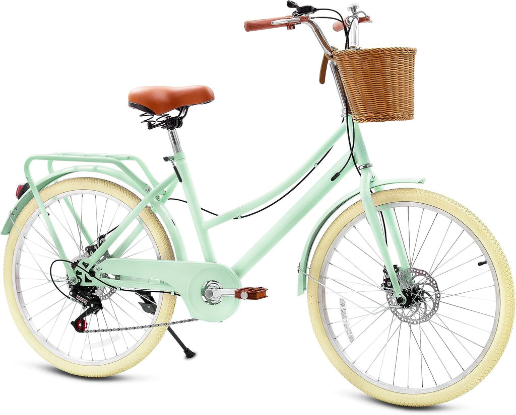 DEYGIA Kids Bike, Retro Cruiser Bike for Girls, 20 24 Inch 7-Speed Kids Bicycles for Ages 6-14 Girls Youth with Rattan Basket, Dual-Disc Brake Carbon Steel Frame Lightweight Bicycle, Multiple Colors