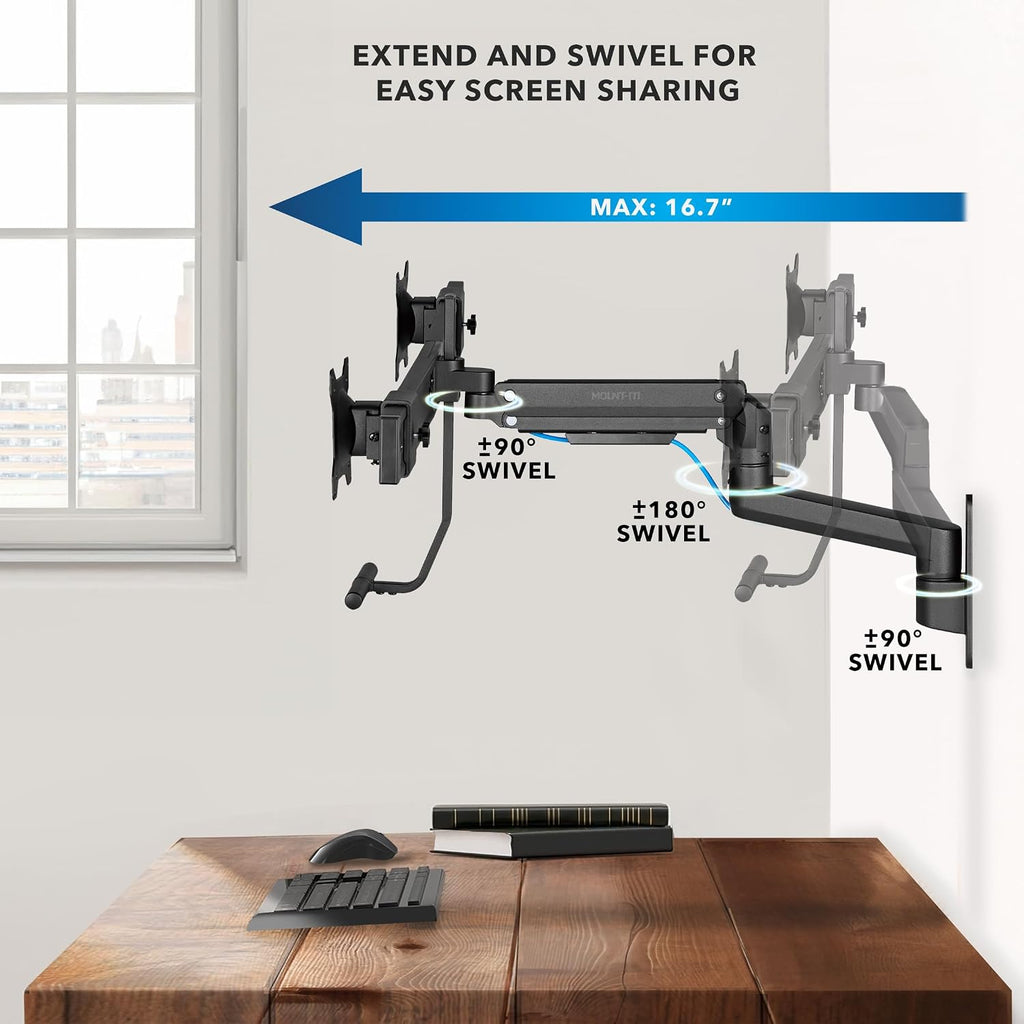 Mount-It! Proflex Dual Monitor Wall Mount, Gas Spring Arm with Crossbar, Fits 17–32″ Screens up to 19.8 lb Each, Height Adjustable Full Motion Tilt Swivel Rotate, VESA 75, 100 mm, Premium Setup