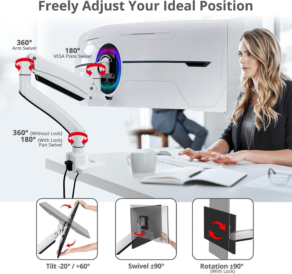 SIIG Ultra Heavy Duty Single Monitor Arm Desk Mount with USB A/C for Ultrawide Monitors up to 57 inches and 59.5 lbs - VESA 75/100/200, C-Clamp and Grommet (CE-MT3Z11-S1)