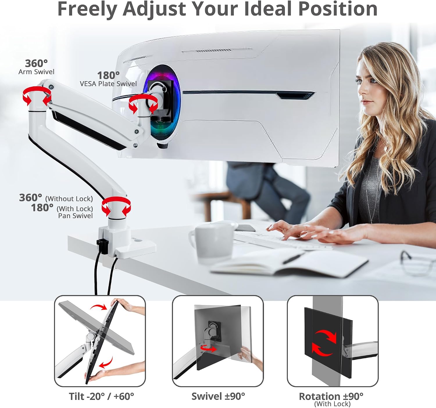 SIIG Ultra Heavy Duty Single Monitor Arm Desk Mount with USB A/C for Ultrawide Monitors up to 57 inches and 59.5 lbs - VESA 75/100/200, C-Clamp and Grommet (CE-MT3Z11-S1)