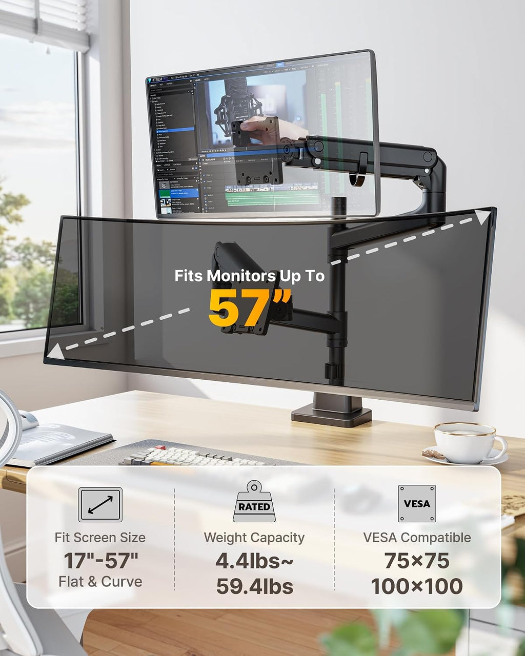 monTEK Dual Monitor Arm for up to 57' and 59.4 lbs Ultrawide Screen, Aluminum Heavy-Duty Gas Spring Vertical Stackable Curved Screen Adjustable Monitor Stand, 75/100mm Vesa Mount, Black