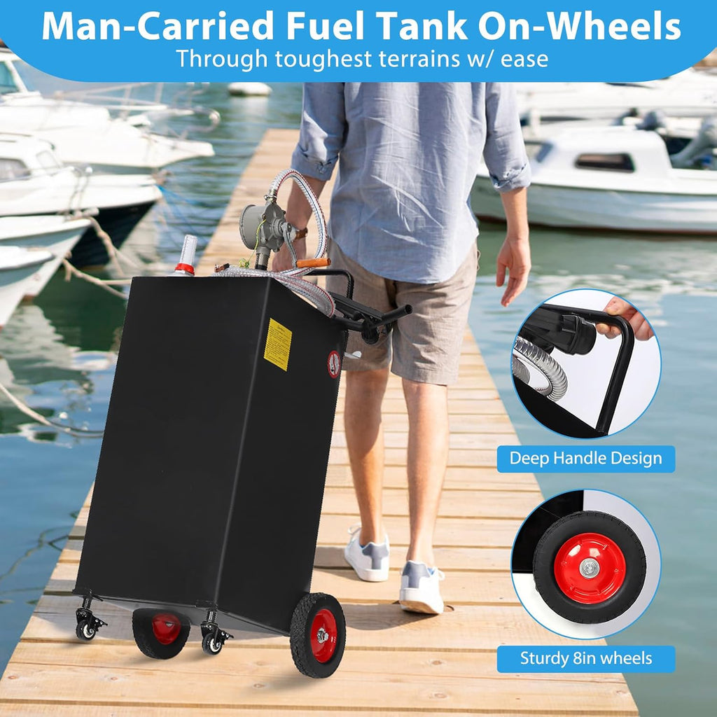 Fuel Caddy Tank 35-Gallon with Manual Transfer Pump, Heavy-Duty Mobile Gas & Diesel Storage Tank for Cars, Lawn Mowers, Boats, ATVs, and Farming Equipment. Effortless Refueling on 4 Large Wheels