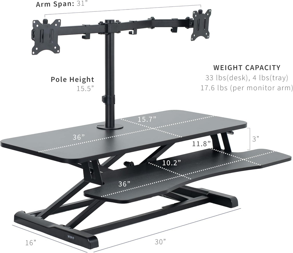 VIVO Height Adjustable 36 inch Standing Desk Converter with Dual 13 to 30 inch Monitor Stand, Sit Stand Monitor Mount and Desk Riser, Black, DESK-V036K-M2