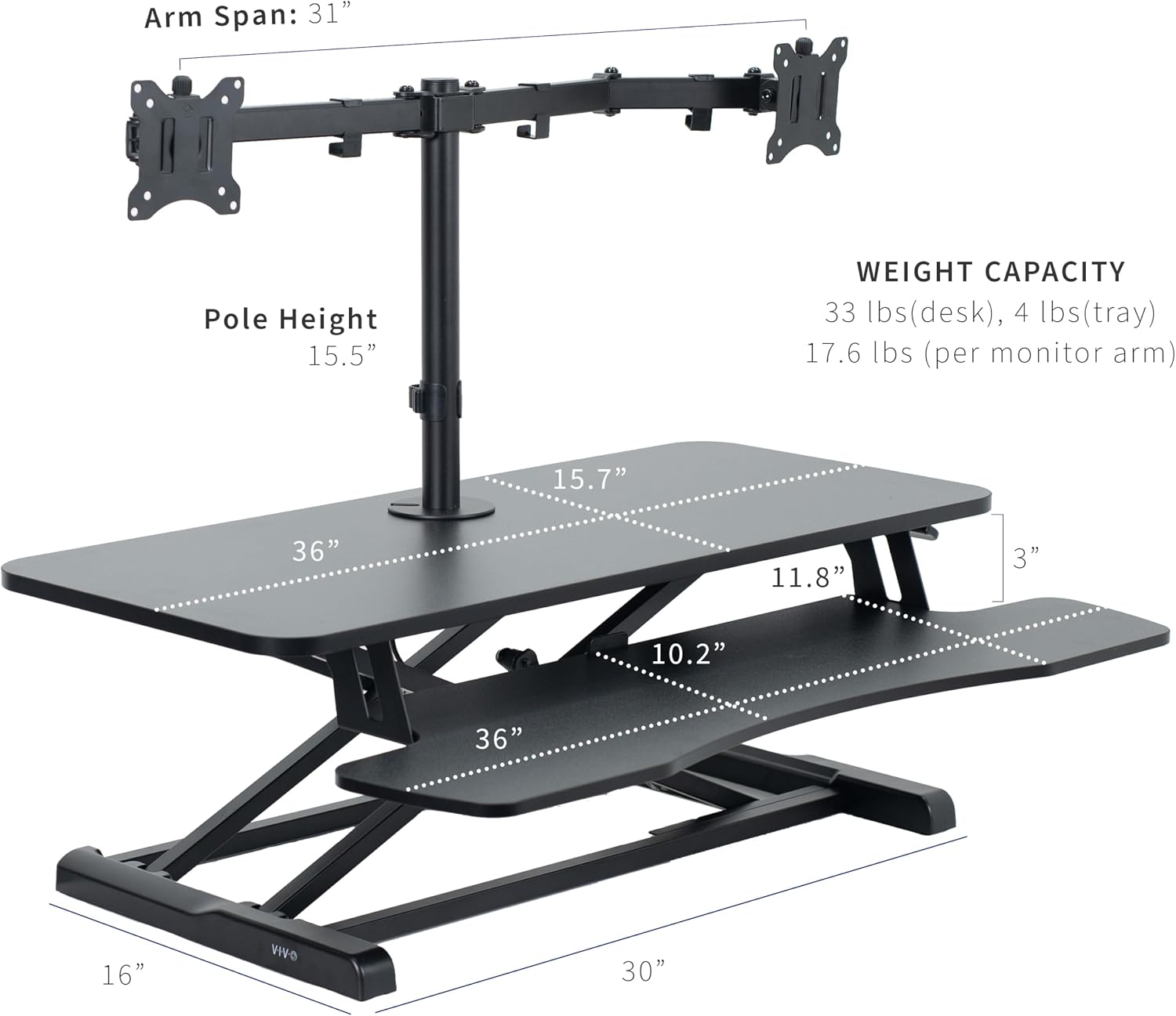 VIVO Height Adjustable 36 inch Standing Desk Converter with Dual 13 to 30 inch Monitor Stand, Sit Stand Monitor Mount and Desk Riser, Black, DESK-V036K-M2