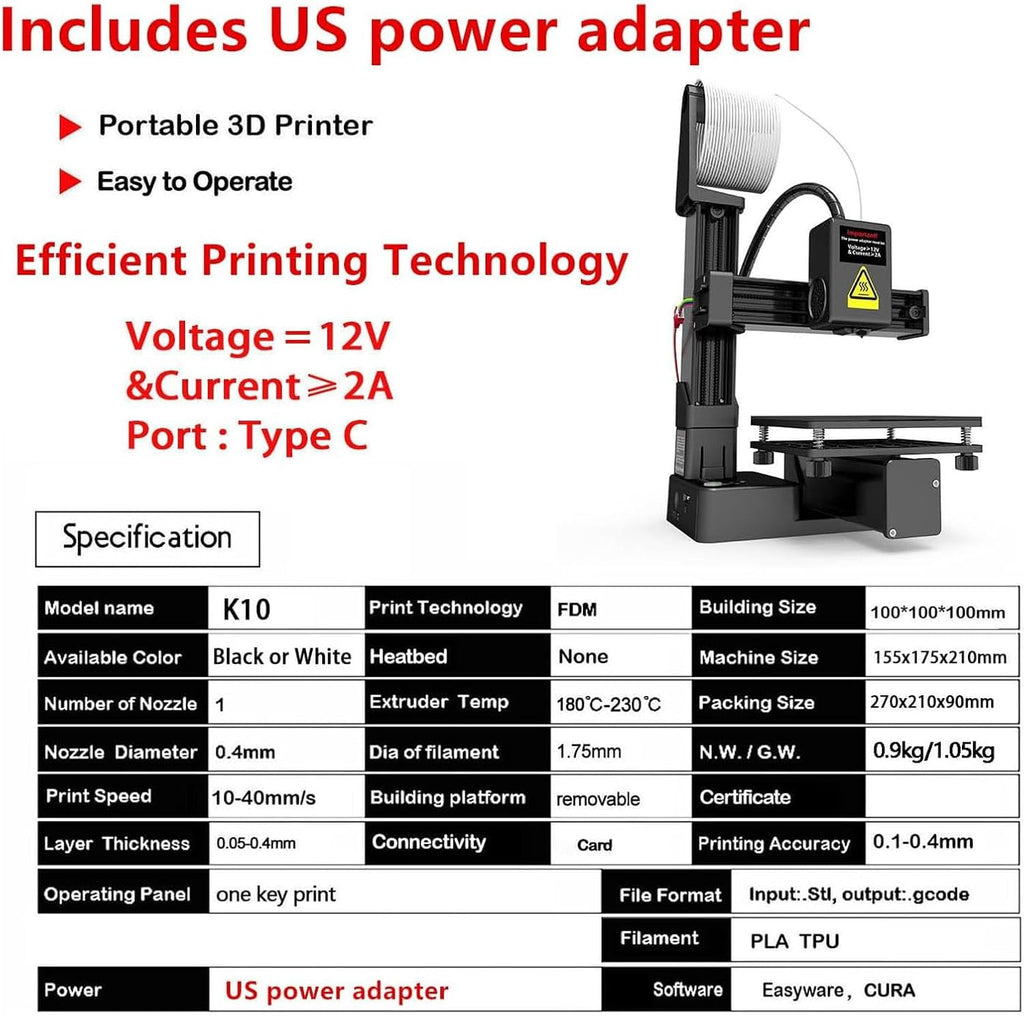 Portable Auto Slicing 3D Printer Supports PLA TPU Filament for Kids Students and Hobbyists (US Plug)