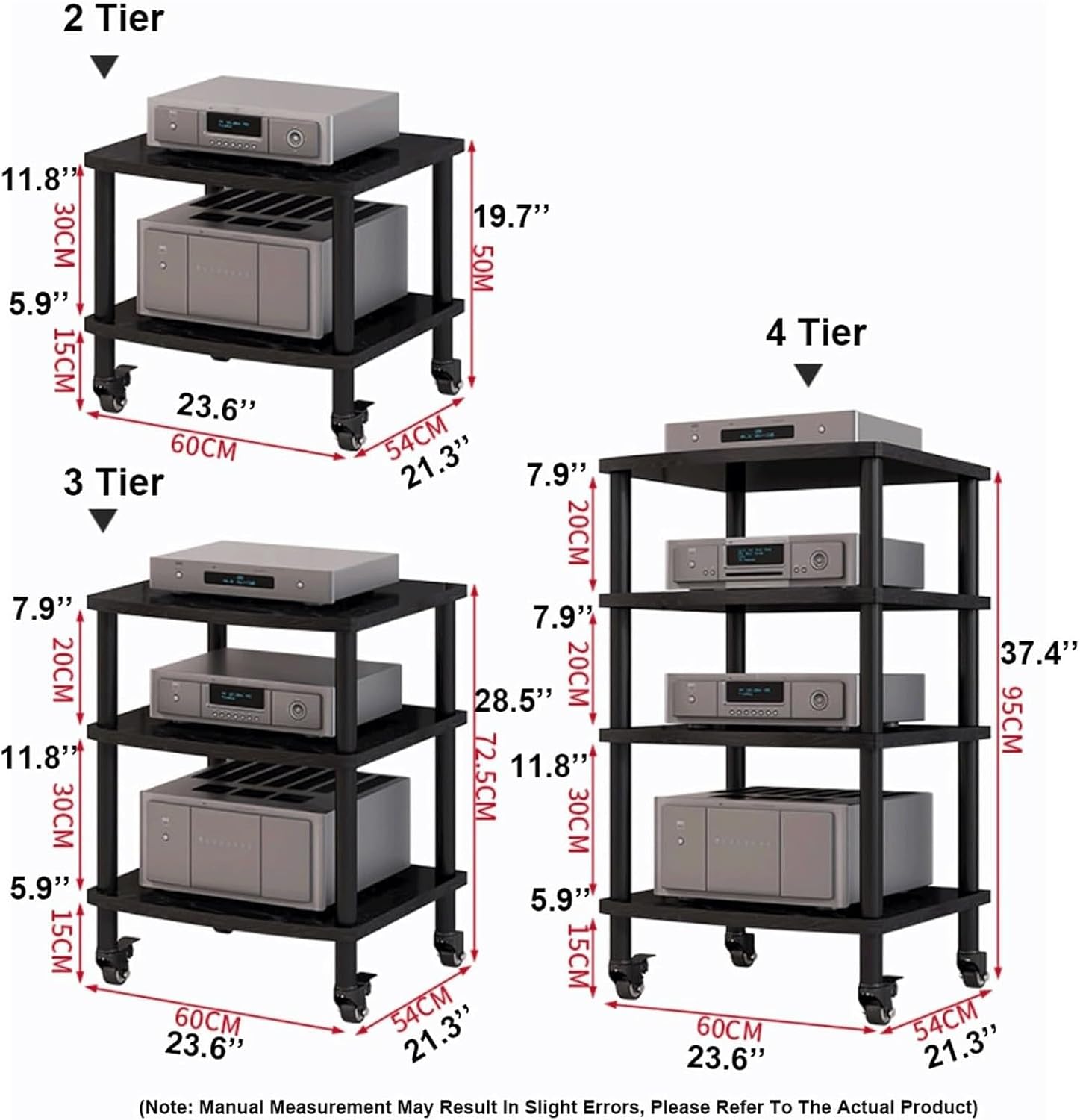 Audio Rack with Wheels Stereo Rack Audio Equipment Rack Audio Open Stereo Shelf Wooden Movable HiFi Rack Audio-Video Shelving Practical(Wei�,4 Tier)