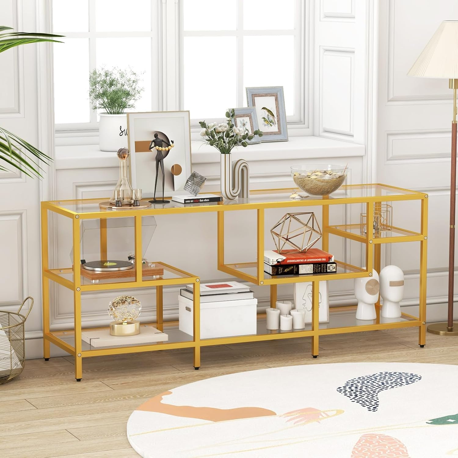 Tangkula Gold TV Stand for TVs up to 65', 58' TV Console Table with Tempered Glass Shelves & Golden Metal Frame, Modern Media Entertainment Center for Living Room & Entryway, Gold (58', Rectangular)