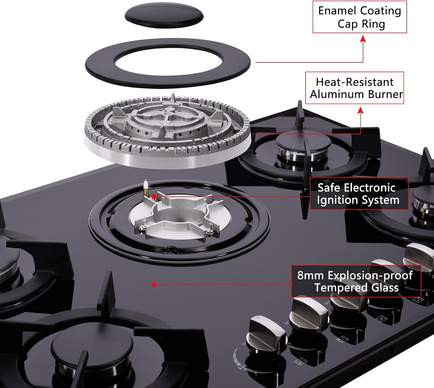 Gas Cooktop 30 Inch, Built-in Tempered Glass Gas Stovetop 5 High Efficiency Burners Gas Stove Top Propane/Natural Gas Convertible Gas Hob (Black)