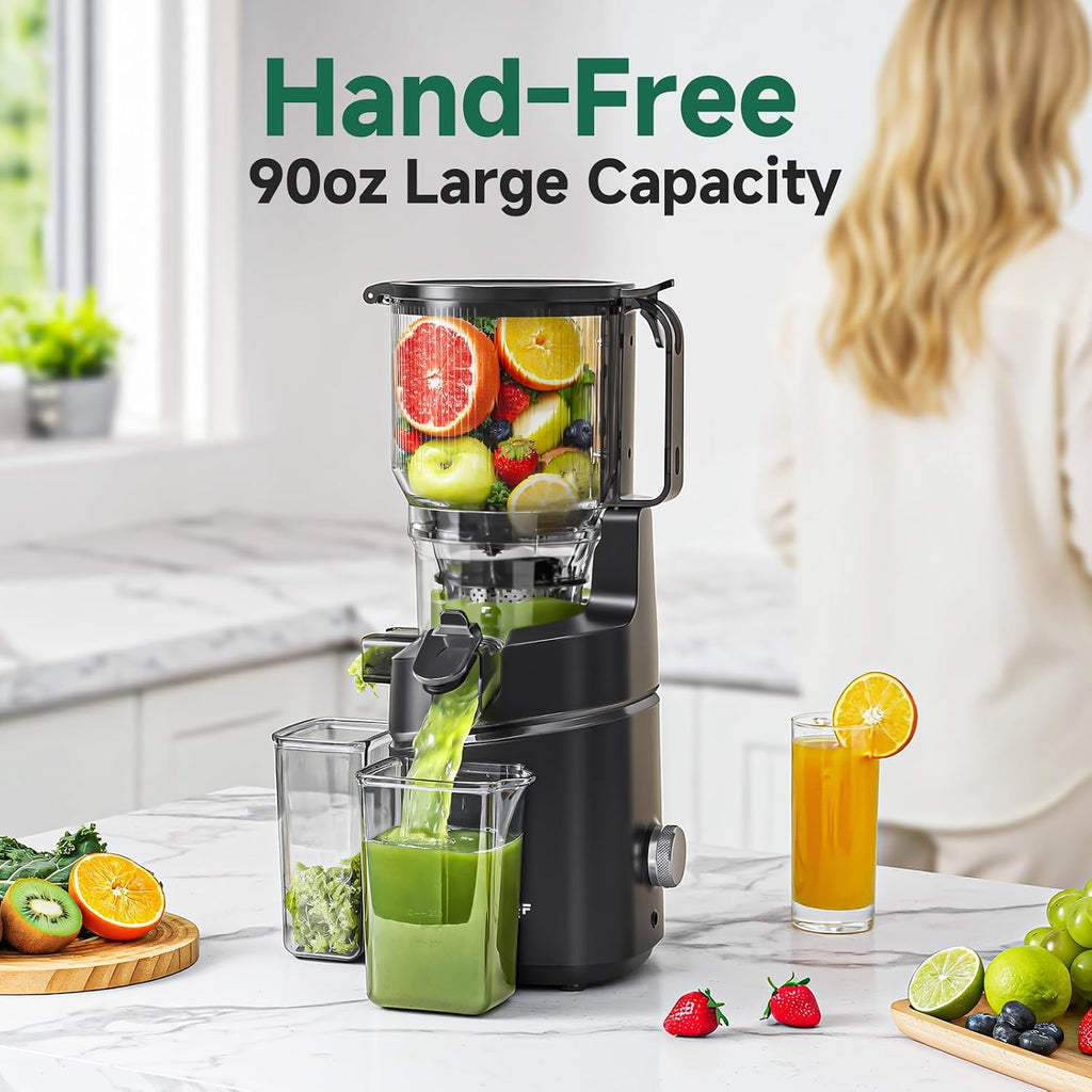 AMZCHEF Cold Press Juicer – 6.5' Wide Mouth Hopper for Whole Recipe Loading, Self Feeding for Hands-Free Operation, Zero Waste Masticating Juicer For More Juice, Less Pulp – Triple Strainers