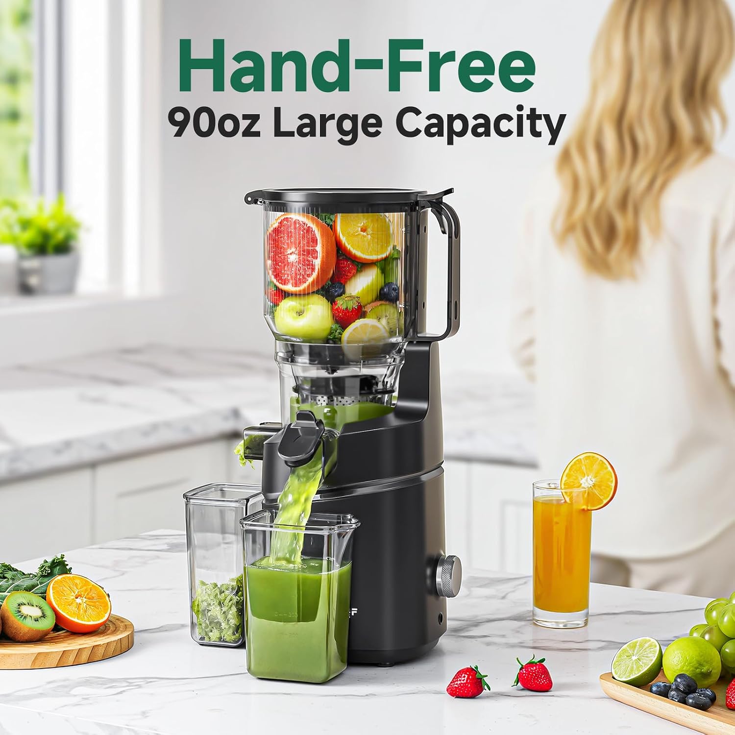 AMZCHEF Cold Press Juicer – 6.5' Wide Mouth Hopper for Whole Recipe Loading, Self Feeding for Hands-Free Operation, Zero Waste Masticating Juicer For More Juice, Less Pulp – Triple Strainers