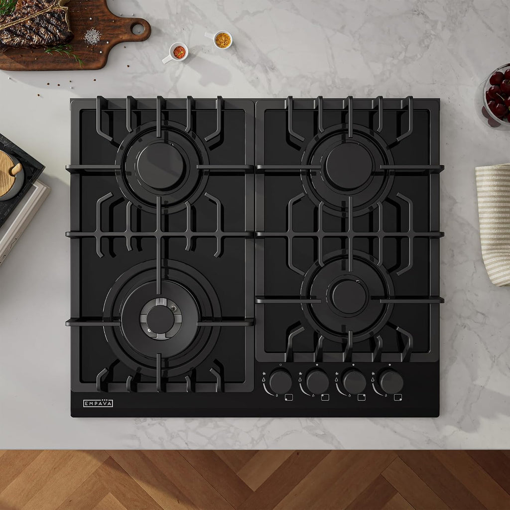 Empava 24' Gas Cooktop with 4 Italy Sabaf Sealed Burners NG/LPG Convertible Tempered Glass in Black Model 2020, 24 Inch