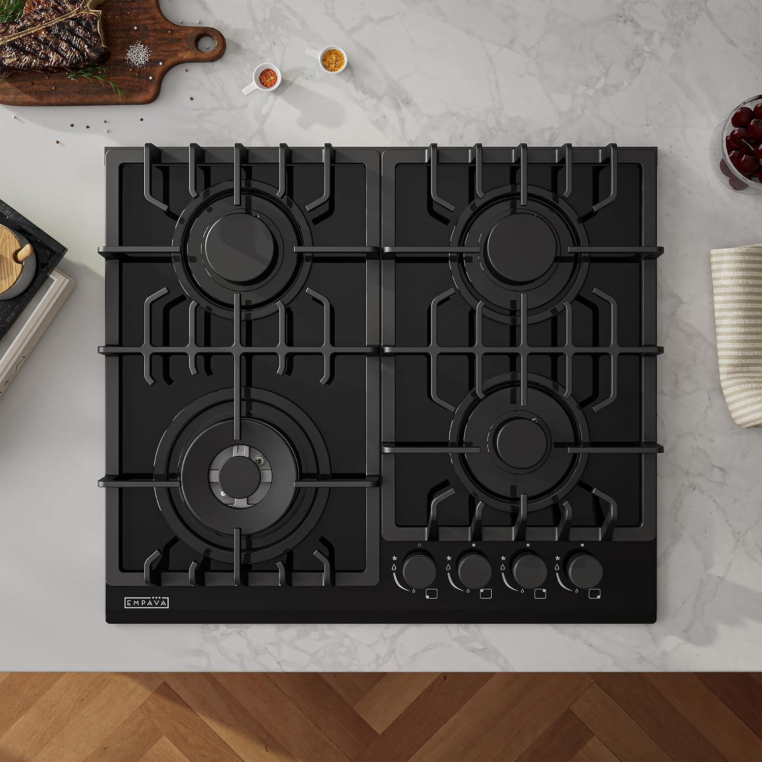 Empava 24' Gas Cooktop with 4 Italy Sabaf Sealed Burners NG/LPG Convertible Tempered Glass in Black Model 2020, 24 Inch