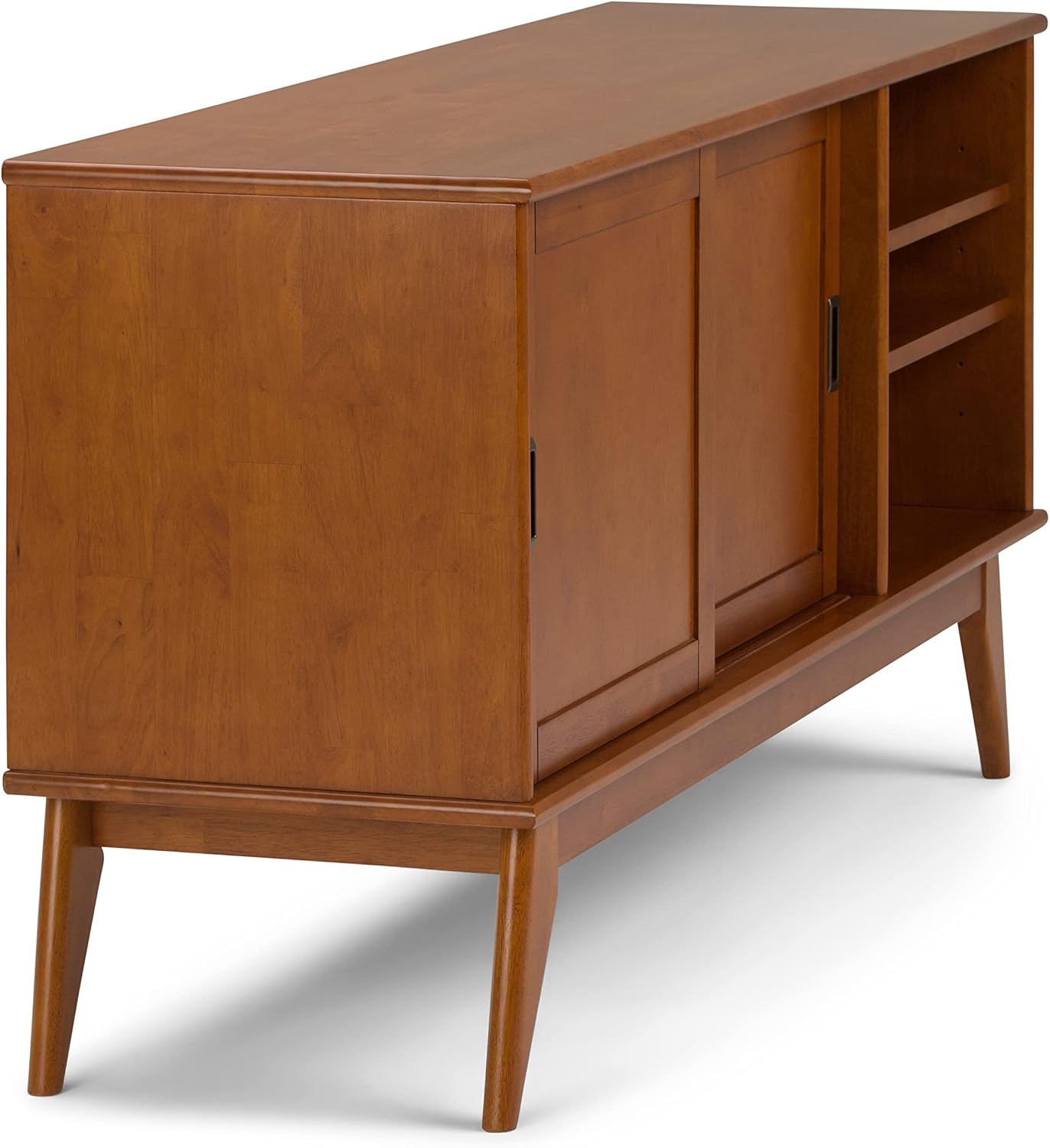 SIMPLIHOME Draper TV Stand - 60 inch Wide Solid Wood Media Console in Teak Brown, Mid Century Modern Entertainment Center for Living Room for TVs up to 65 Inches with Shelves and Cable Management