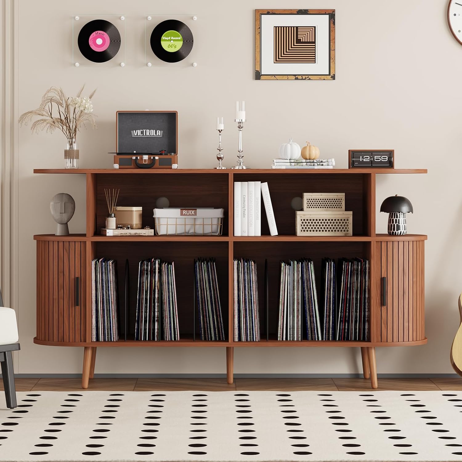 55.1' Wide Record Player Stand with Storage - Vinyl Record Storage Cabinet & Media Console Holds 300+ Records, Mid Century Modern Turntable Stand for Living Room (Walnut, 55.1')