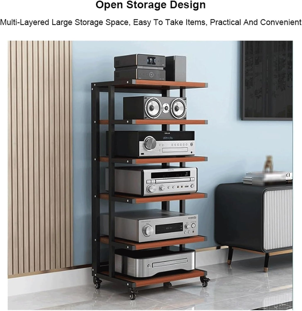 Audio Rack Open Stereo Rack Audio Equipment Rack Audio Movable Stereo Shelf Wood with Wheels HiFi Rack Audio-Video Shelving HiFi Rack(Rot,5 Tier)