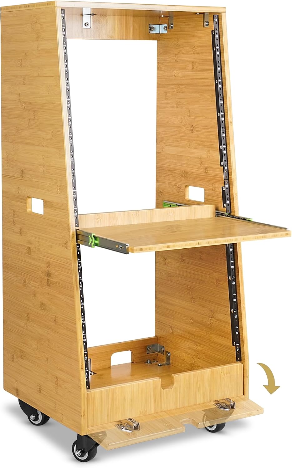 Sound Town DIY Solid Carbonized Bamboo Slanted 20U Studio Rack (12U Top + 8U Lower), with 2U Bottom Storage, Slide-Out Tray, Caster, For Recording Room, Home Studio (STBR-ST20T)