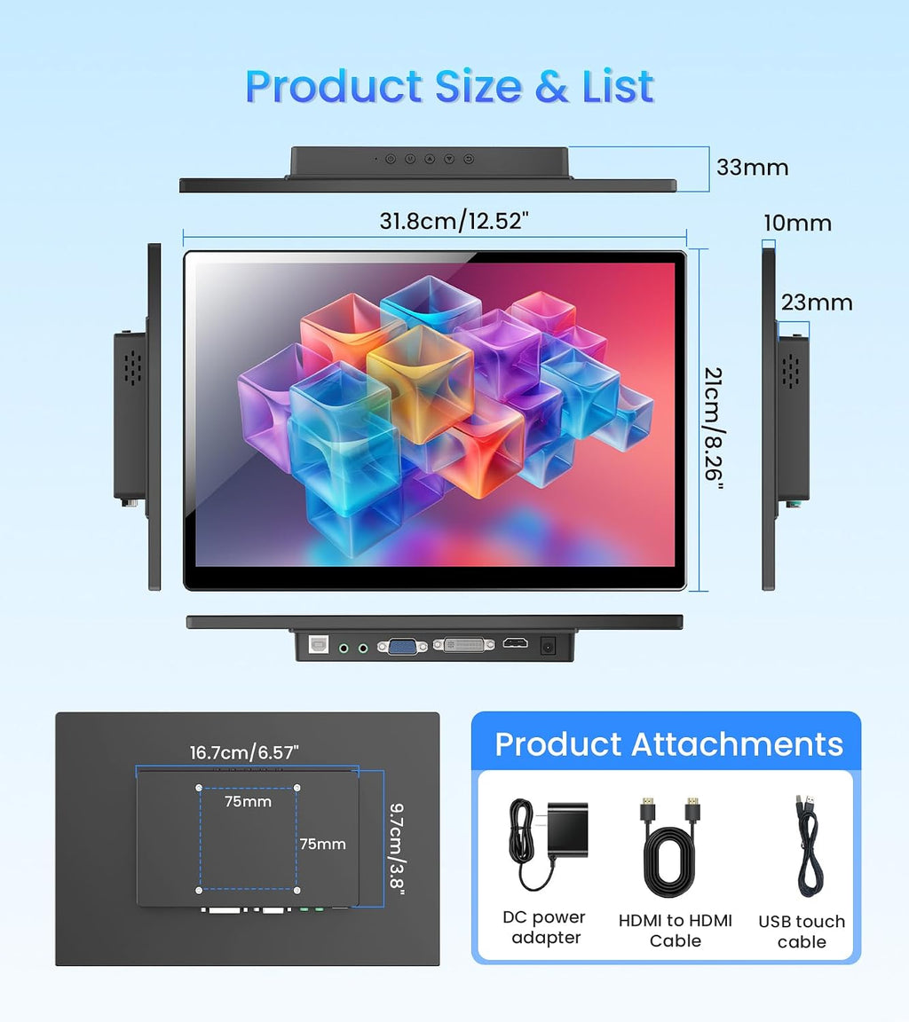 14 inch FHD Portable Touchscreen Monitor with HDMI VGA DVI Ports Compatible with Laptops PC PS5/4, Industrial, POS, Kiosk, Screen Extender 1920×1200 HDR IPS Small Touch Screen Display 500 nits