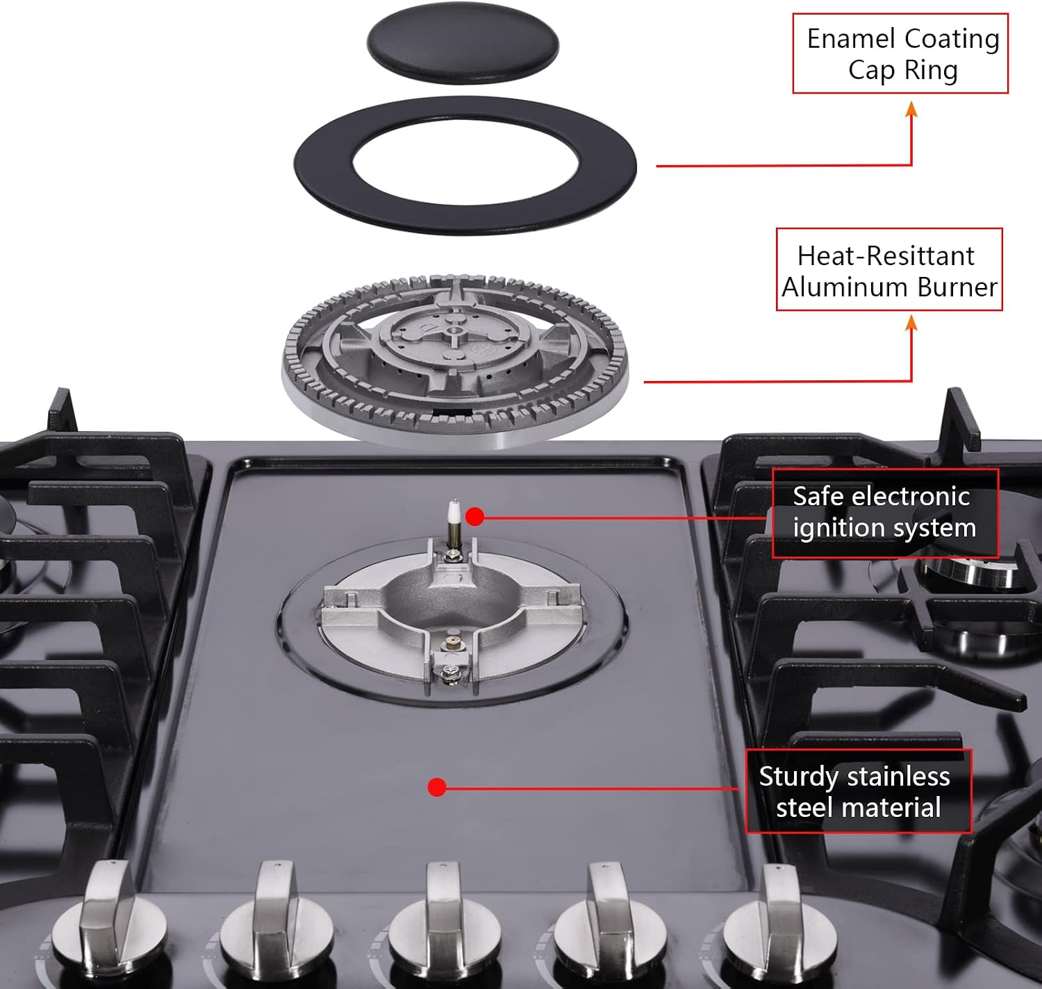 30 Inch Gas Cooktop, Built-in Stainless Steel Gas Stovetop 5 High Efficiency Burners Gas Stove LPG/NG Convertible Gas Hob (Black)
