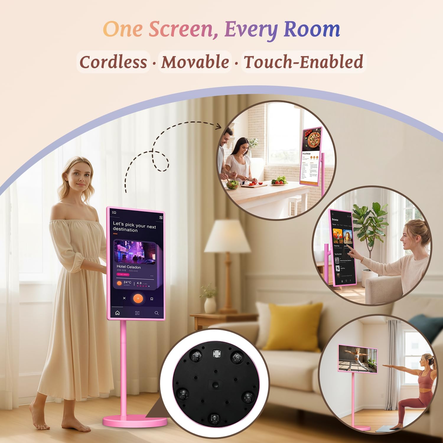32 Inch Portable Smart TV | 1080P Touch Screen | Android 15 8G+128GB Storage | Movable Monitor on Wheels | 5MP Camera | 38,400 mAh Battery | Voice/Airmouse Remote Control | Versatile Rotatable Display