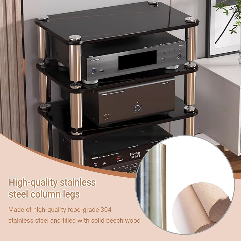 1/2/3/4 Tier AV Video Media Rack Stand,Tempered Glass Panel,Audio Media Storage Cabinet with Stainless Steel Legs,Solid Beech infill,Alloy Shock-Absorbing feet(Black,1-Tier)