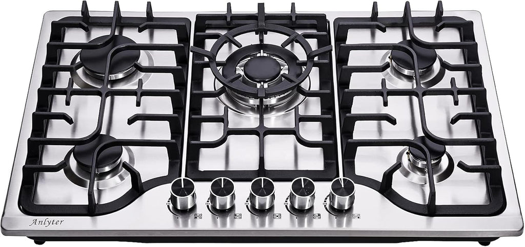 30 Inch Gas Cooktop, 5 Burners Built-in Gas Stove Top Stainless Steel, LPG/NG Convertible Gas Stove Dual Fuel Sealed Gas Hob