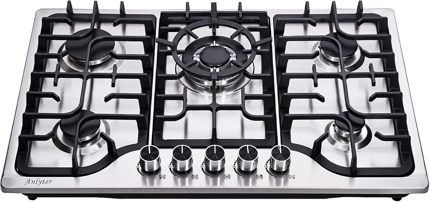 30 Inch Gas Cooktop, 5 Burners Built-in Gas Stove Top Stainless Steel, LPG/NG Convertible Gas Stove Dual Fuel Sealed Gas Hob