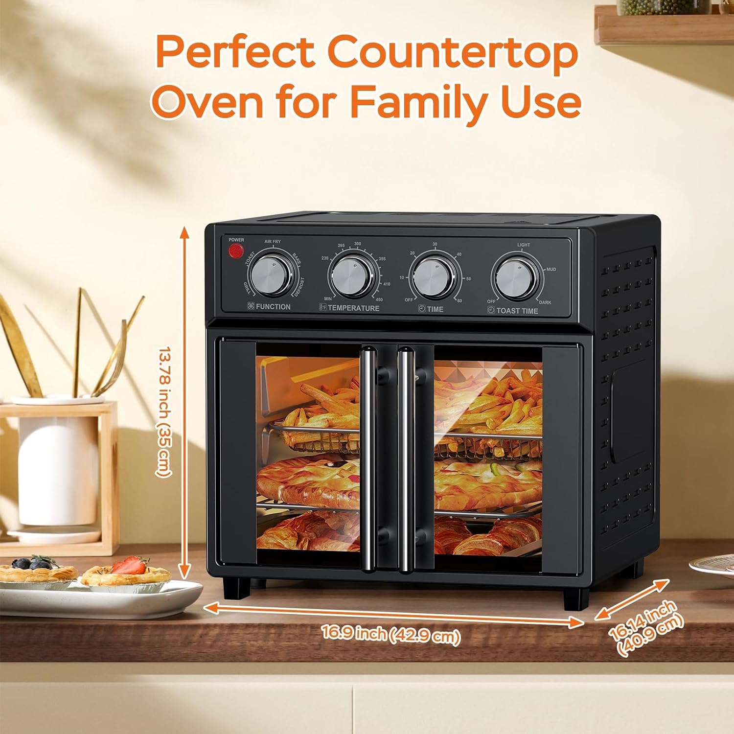 PlumChef 27.5 Quart Extra Large 6 Slices Air Fryer Convection Toaster Oven, French Door, 1700W, Multifunction Oven for Air Fryer, Toast, Grill, Defrost, Bake (Black)