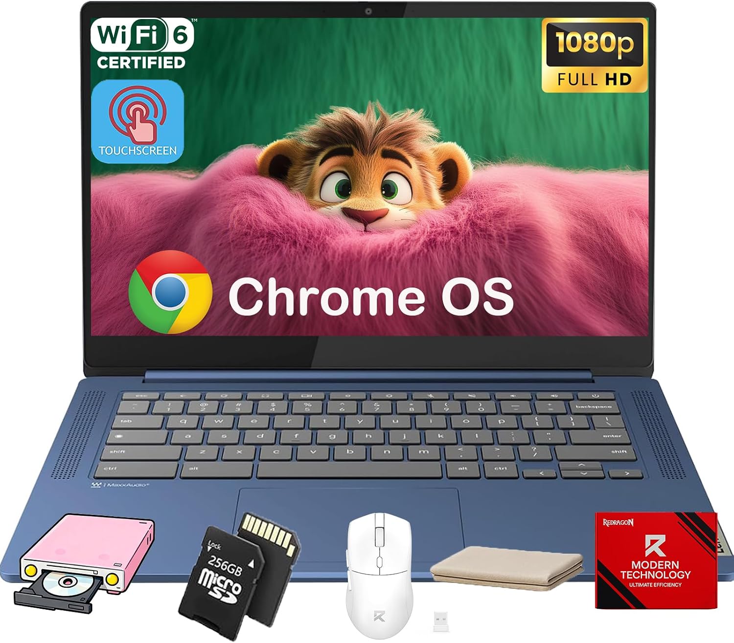 Lenovo IdeaPad Slim 3 Chromebook - 14'' Touchscreen Full HD Display • 8-Core MediaTek Kompanio 520 CPU • 4GB RAM • 64GB eMMC & 256GB Micro SD Card • Wi-Fi 6 • for Business Student • Chrome OS • Blue
