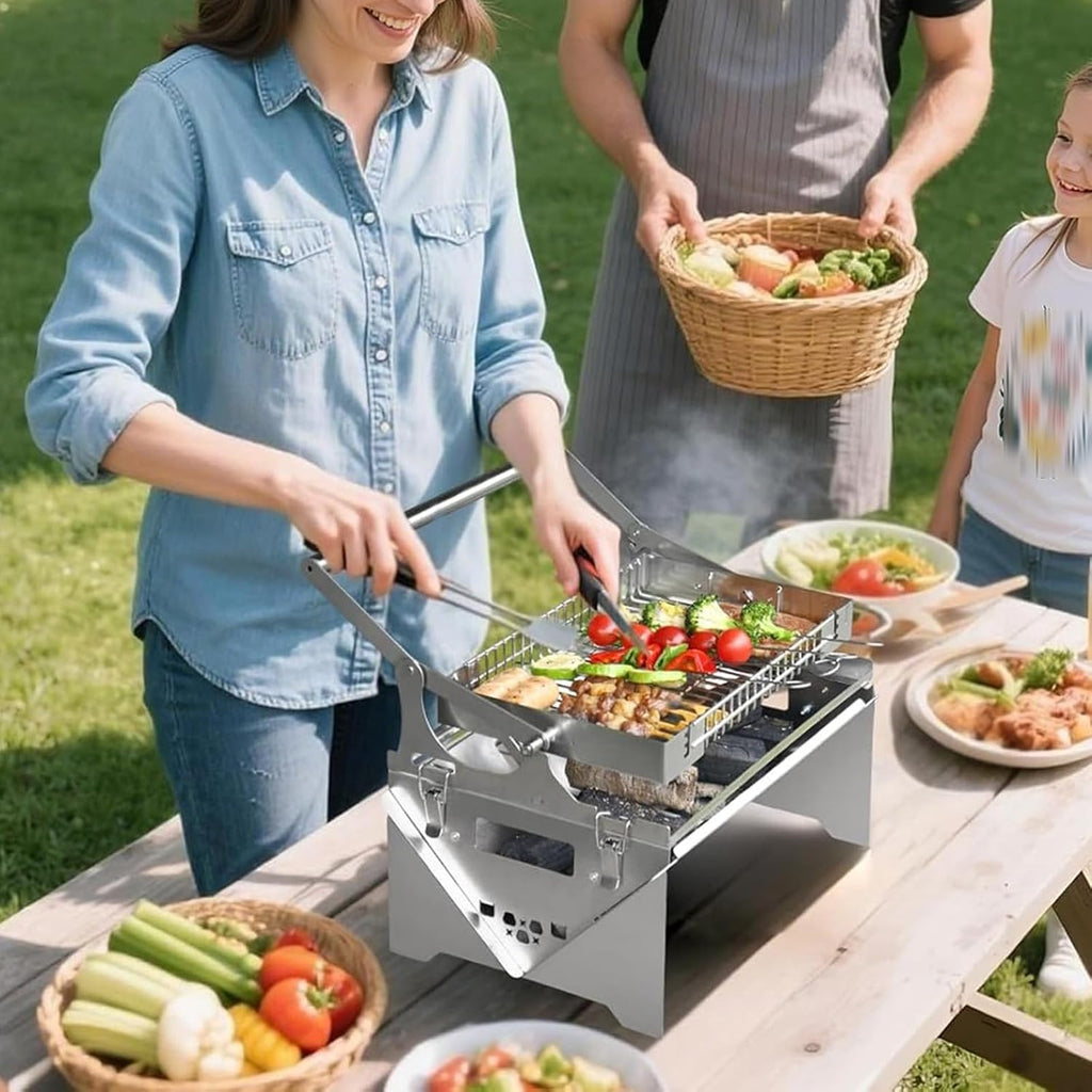 Rotating Charcoal Grill,Stainless Steel Flipping Barbecue Grills,Portable Camping Charcoal BBQ Grill for Outdoor Picnic Yard Party