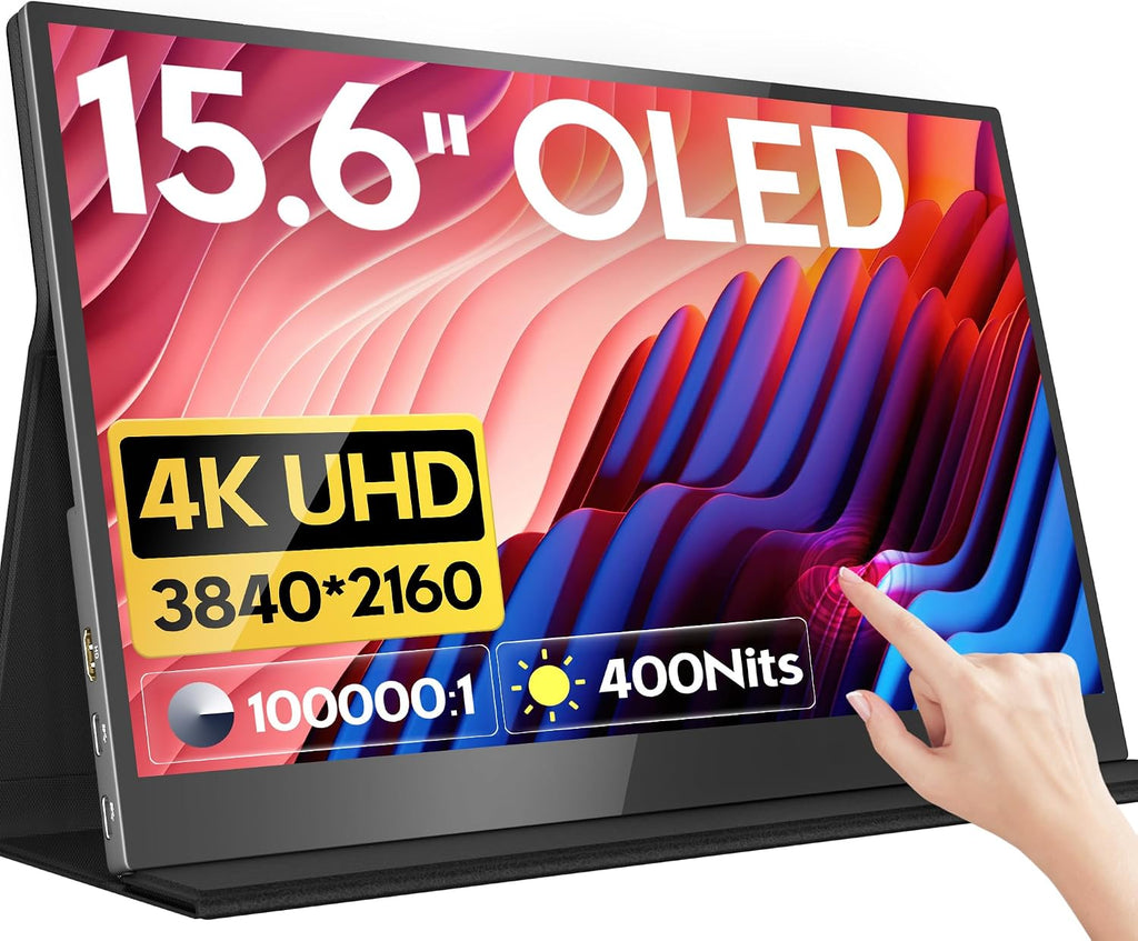 HONGO 4K OLED Portable Monitor, 15.6 Inch Touchscreen UHD 3840X2160 100% DCI-P3 100000:1 Multi-Touch HDR USB-C HDMI Travel Monitor for Laptop PC Phone Mac Xbox PS5/PS4