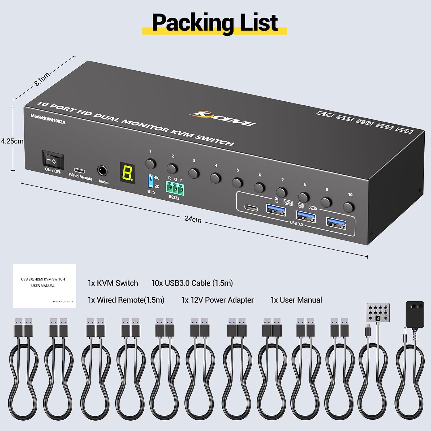8 Port HDMI Displayport KVM Switch 2 Monitors 8 Computers 4K@60Hz EDID Simulation,8 PC Dual Monitor KVM Switch with 4 USB 3.0 Ports,Audio,RS232,with Wired Remote,12V Power Adapter and 8 USB Cable