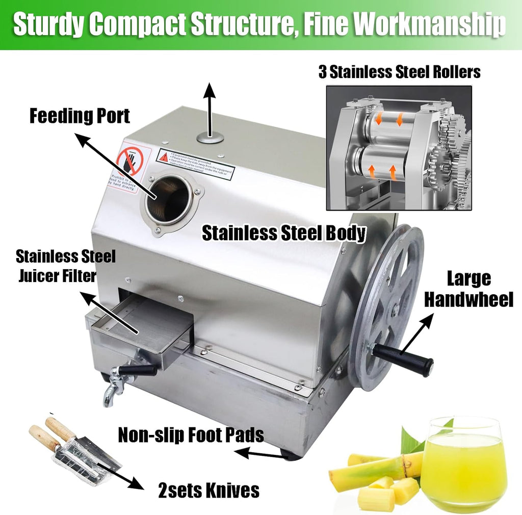 Manual Sugarcane Juicer - Stainless Steel 3-Roller Commercial Juice Extractor, 2.4in Inlet, 330lbs/h Output, Sugar Cane Press Machine, Sugarcane Juice Squeezer for Home and Business