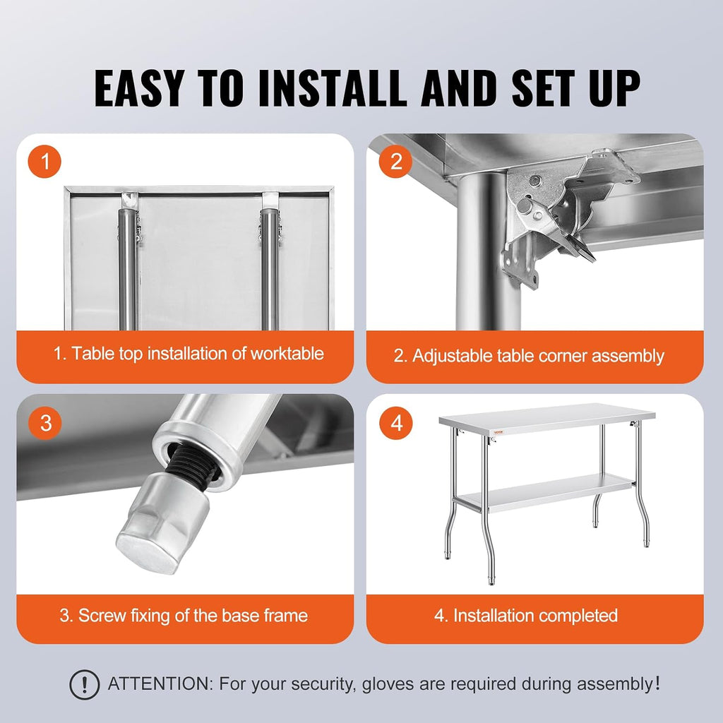 VEVOR Stainless Steel Foldable Work Table, 48 * 24 Inch Heavy Duty Food Outdoor Double Layer Stainless Steel Worktable for Commercial Kitchen Restaurant