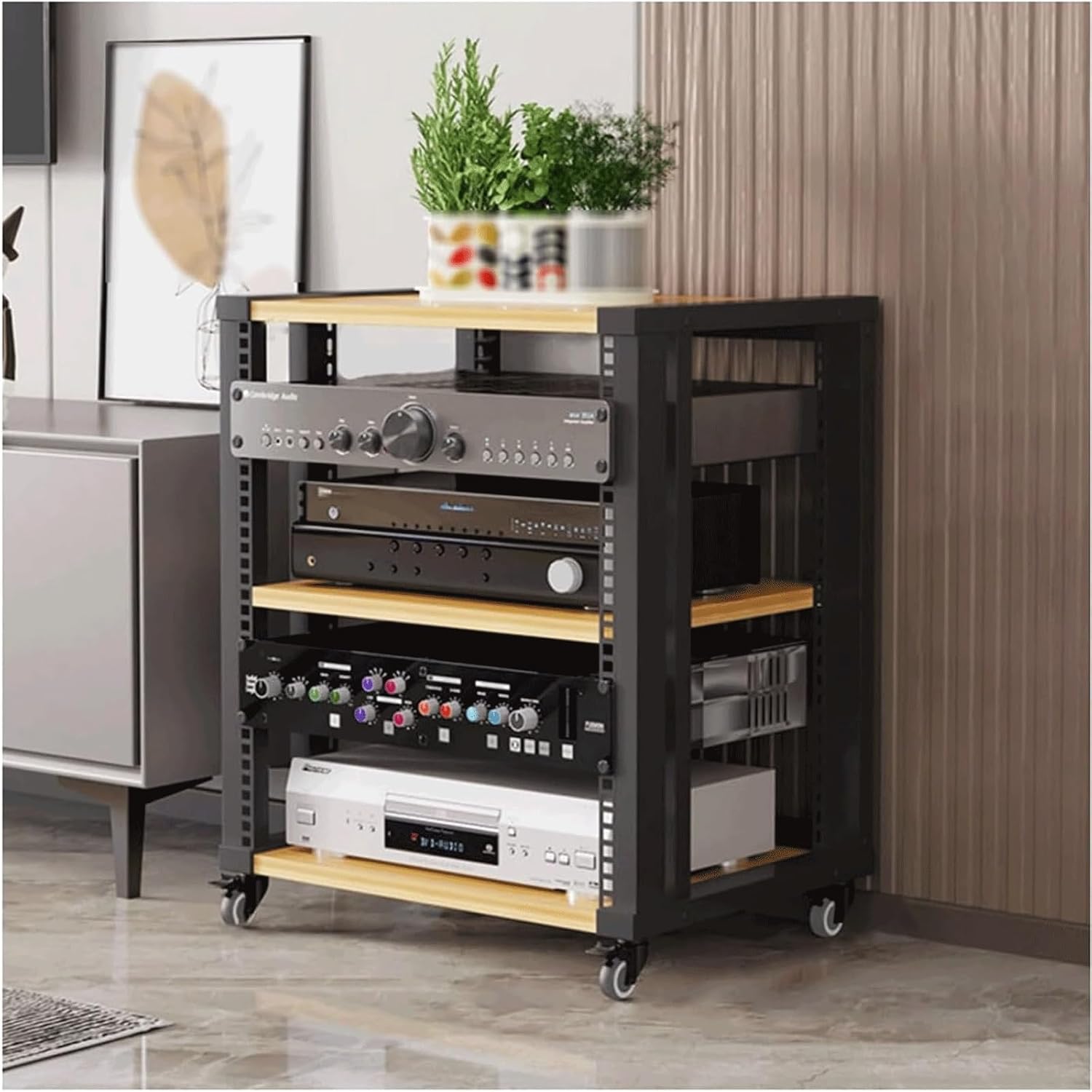 Audio Rack Stereo Rack Wooden Audio Equipment Rack Audio with Wheels Rack Cabinet HiFi Rack with Adjustable Shelves Stereo Shelf(Wood,3 Tier)