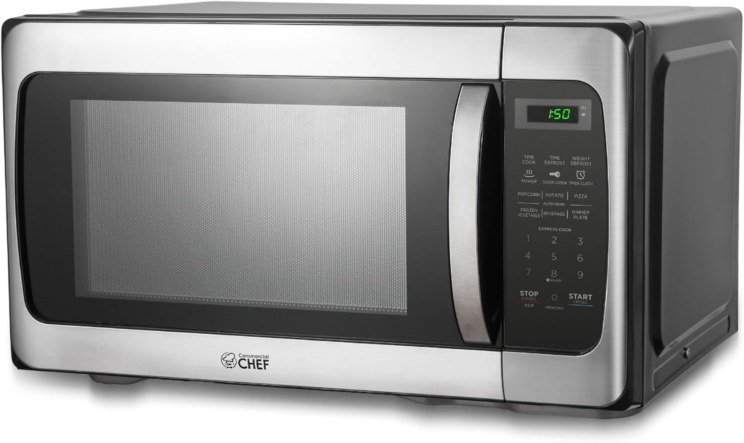 COMMERCIAL CHEF 1.1 Cu Ft Microwave with 10 Power Levels, Microwave 1000W with Push Button Door Lock, Countertop Microwave with Turntable and Digital Controls, Stainless Steel