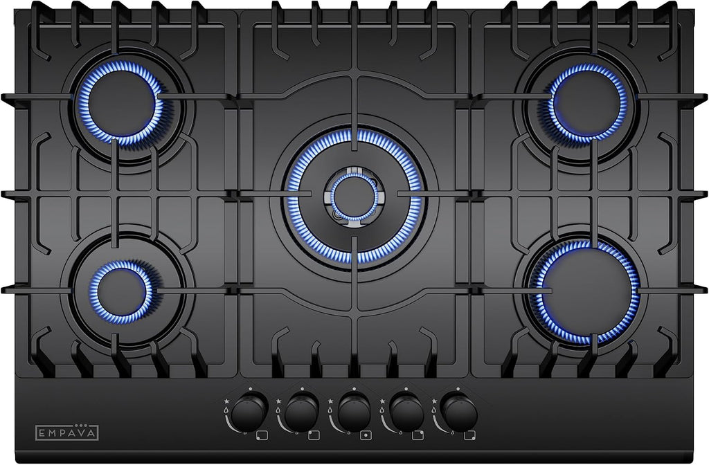 Empava 30' Gas Stove Cooktop LPG/NG Convertible with 5 Italy SABAF Burners Tempered Glass in Black, 30 Inch