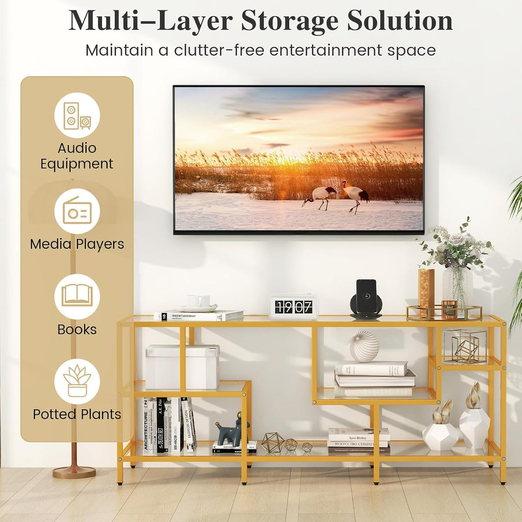 Tangkula Gold TV Stand for TVs up to 65', 58' TV Console Table with Tempered Glass Shelves & Golden Metal Frame, Modern Media Entertainment Center for Living Room & Entryway, Gold (58', Rectangular)