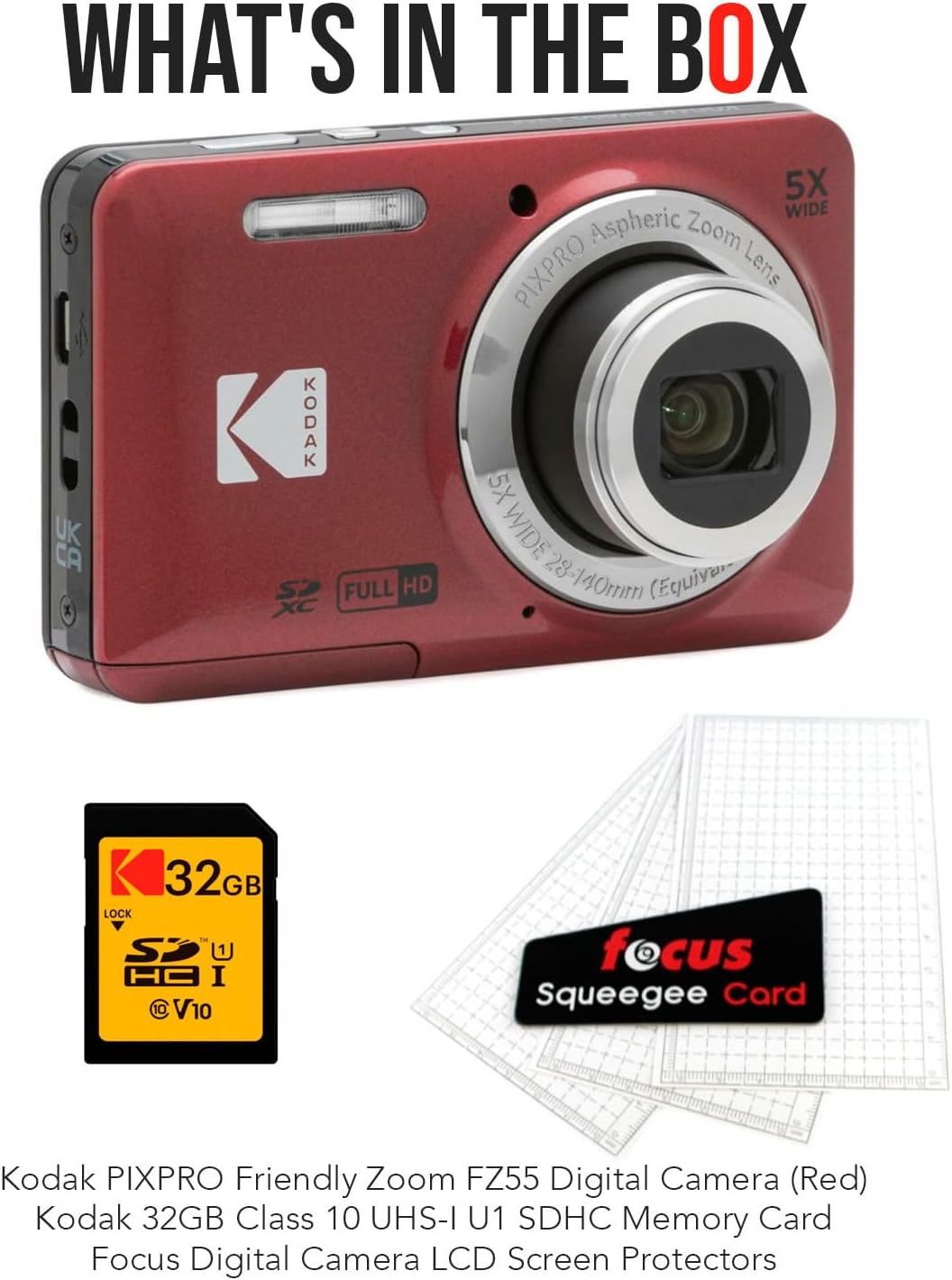 Kodak PIXPRO Friendly Zoom FZ55 Digital Camera (Red) Bundle with 32GB Memory Card and Digital Camera LCD Screen Protectors (3 Items)